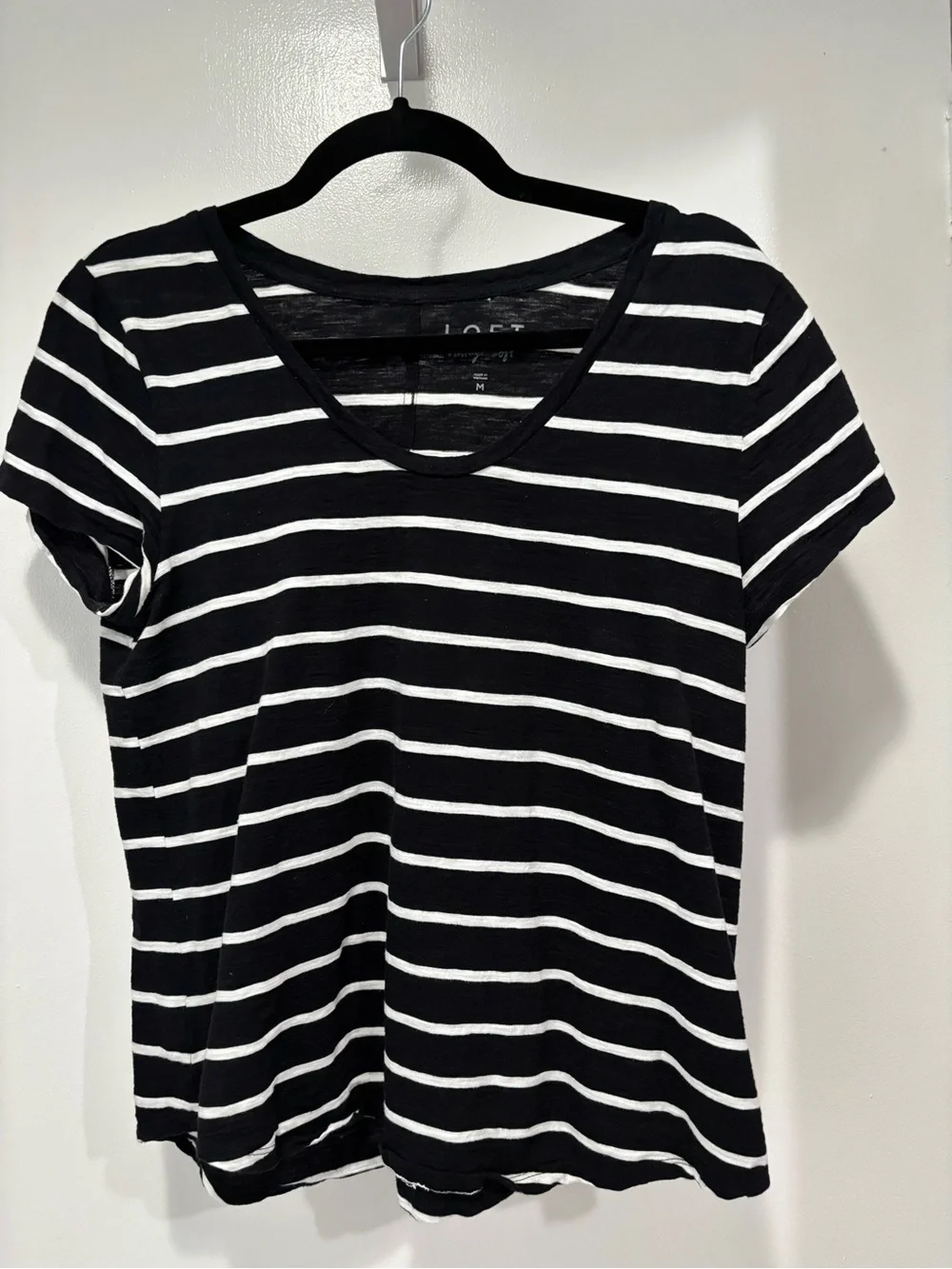 LOFT Black and White Striped V-Neck Short Sleeve Tee Medium